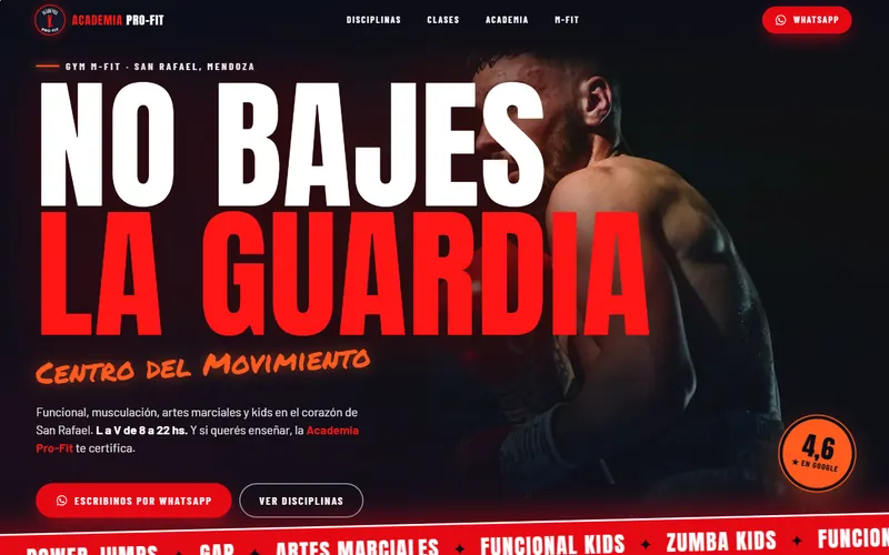 Demo de web para un gimnasio: No bajes la guardia, con un boxeador en la portada y las disciplinas en una cinta roja