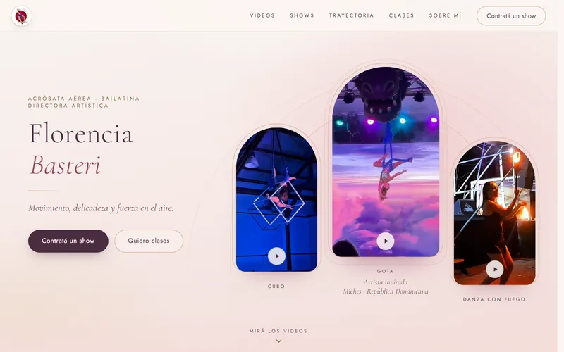 Portfolio web de Florencia Basteri: portada con sus videos de acrobacia en arcos