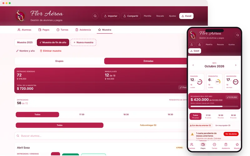 Flor Aérea: las entradas de la muestra con el selector de varias muestras en la computadora y los pagos del mes en el celular, con datos de prueba
