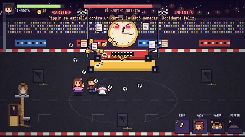 Juego pixel art Maca y Joaquín: la pareja y sus gatos peleando contra un reloj gigante en un karting
