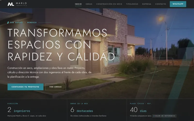 Web nueva de Marlo Ingeniería: portada con una vivienda de construcción en seco al atardecer y el título Transformamos espacios con rapidez y calidad