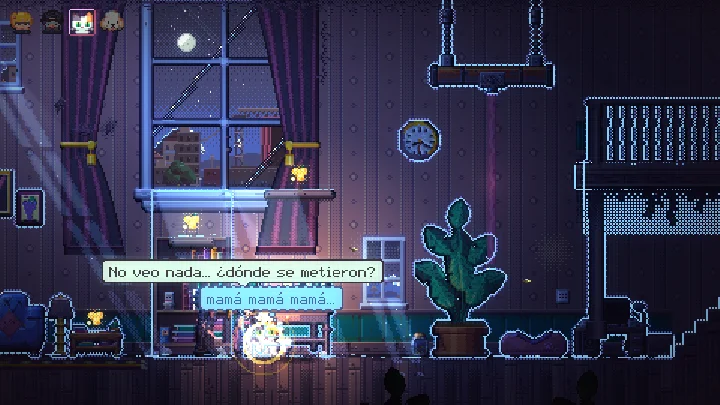 Juego pixel art La Noche sin Luz: una casa a oscuras de noche, con la luz de la luna entrando por la ventana